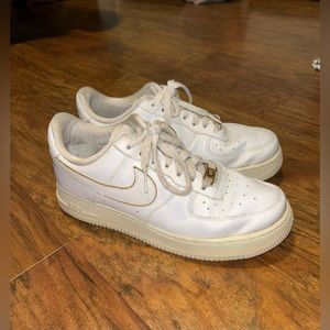 Nike Air Force 1s, white with gold accents, 8.5